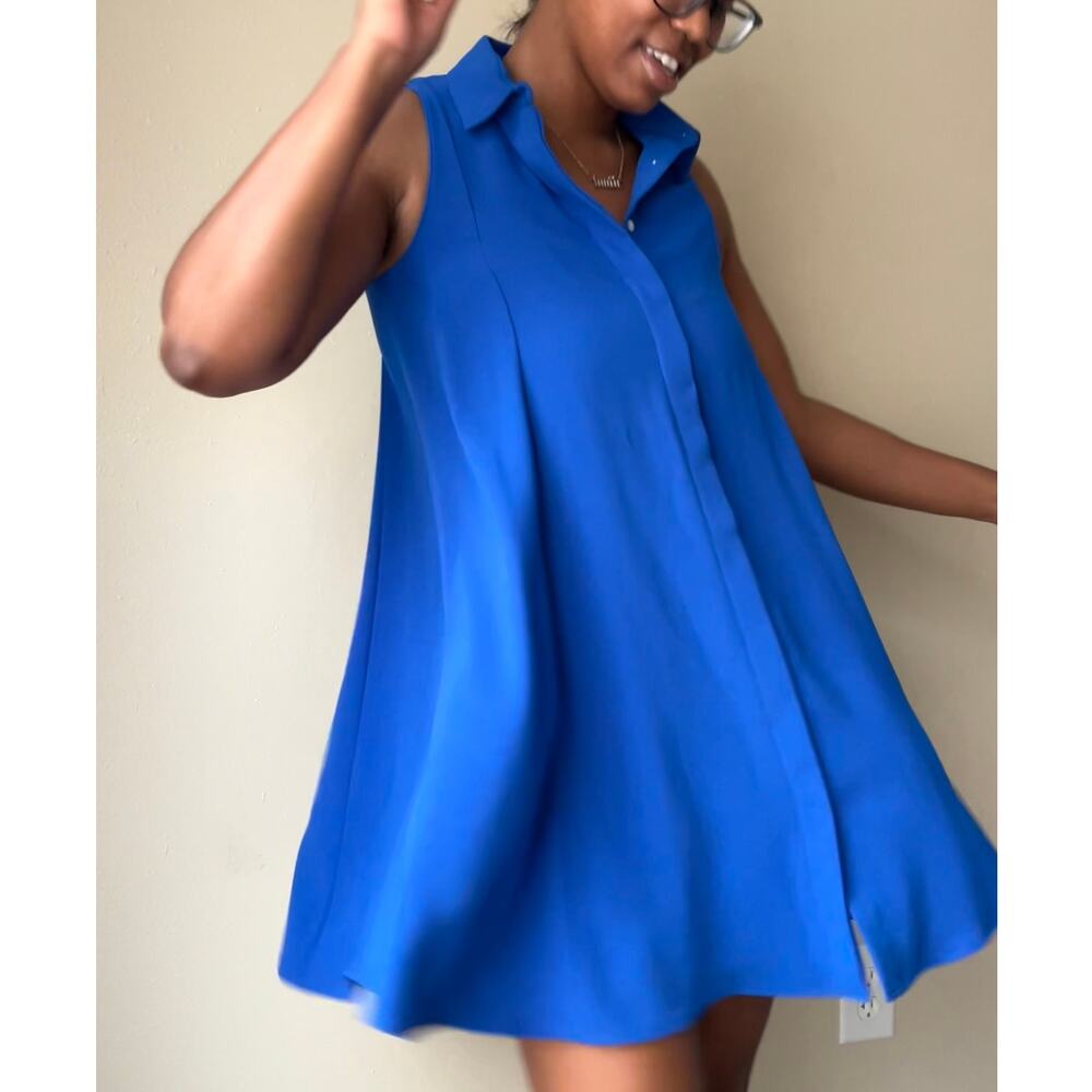 Amanda Uprichard Cobalt Blue Sleeveless Shirt-Front Mini Dress